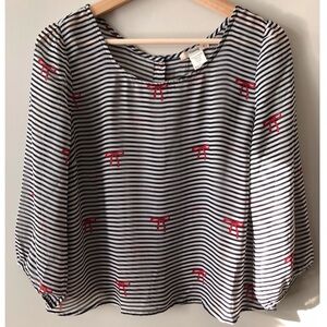 Timing • L • Black White Stripe Red Button Back Bow Print Chiffon 3/4 Sleeve Top